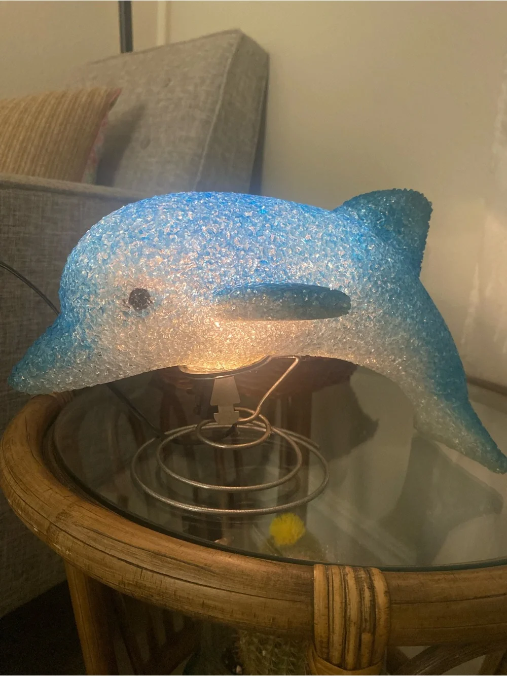 Vintage Dolphin Night Light Lamp Blue/White Corded Metal Spiral Base Y2K 90s kid